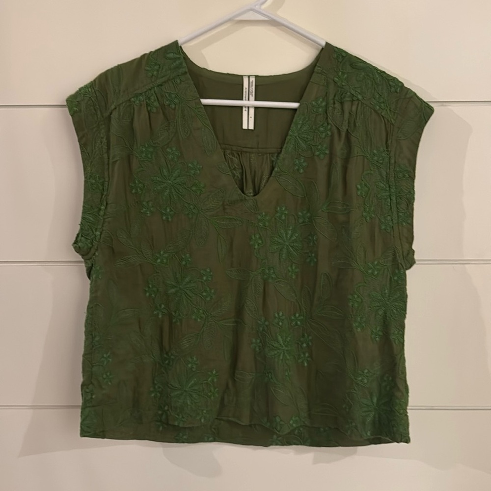 Anthropologie Embroidered Floral V-Neck Blouse Green Size S